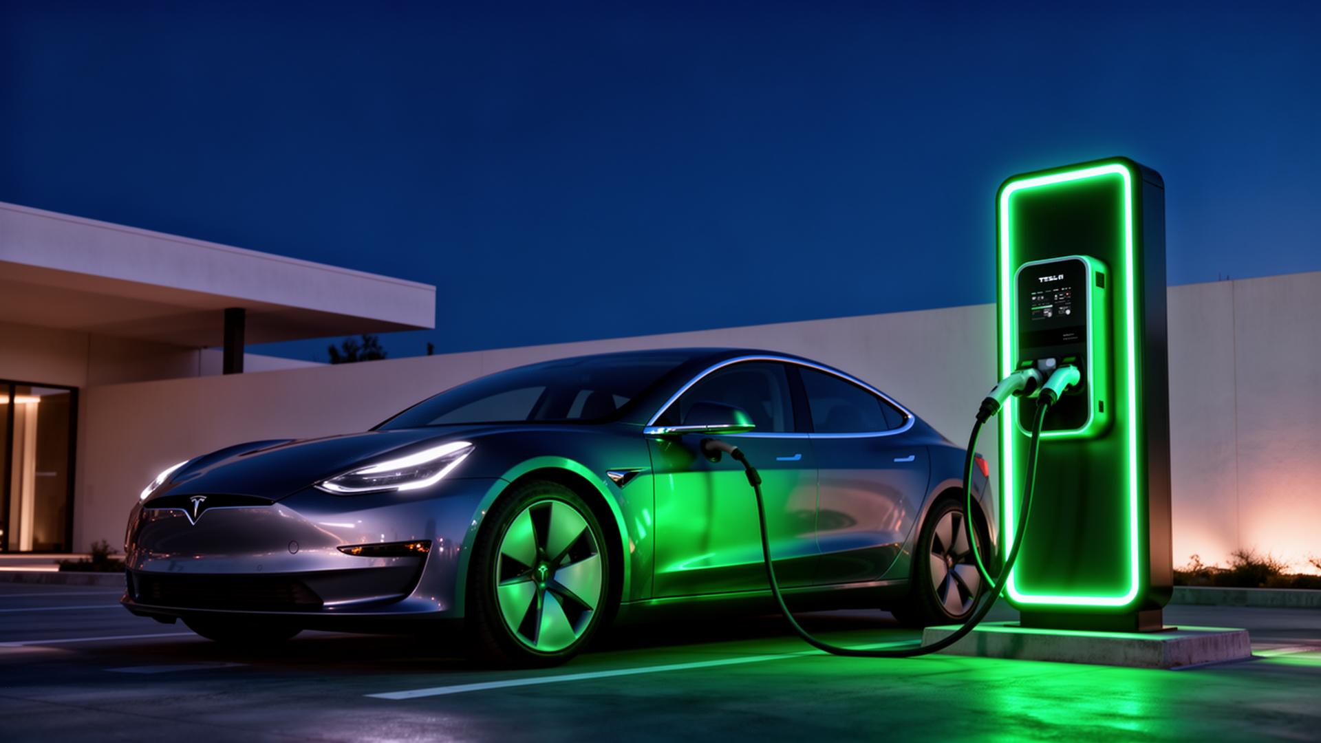 Borne de recharge électrique avec voiture en charge au crépuscule